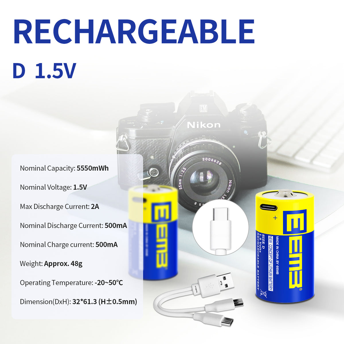 LIRD --  1.5V D USB Lithium Rechargeable Battery