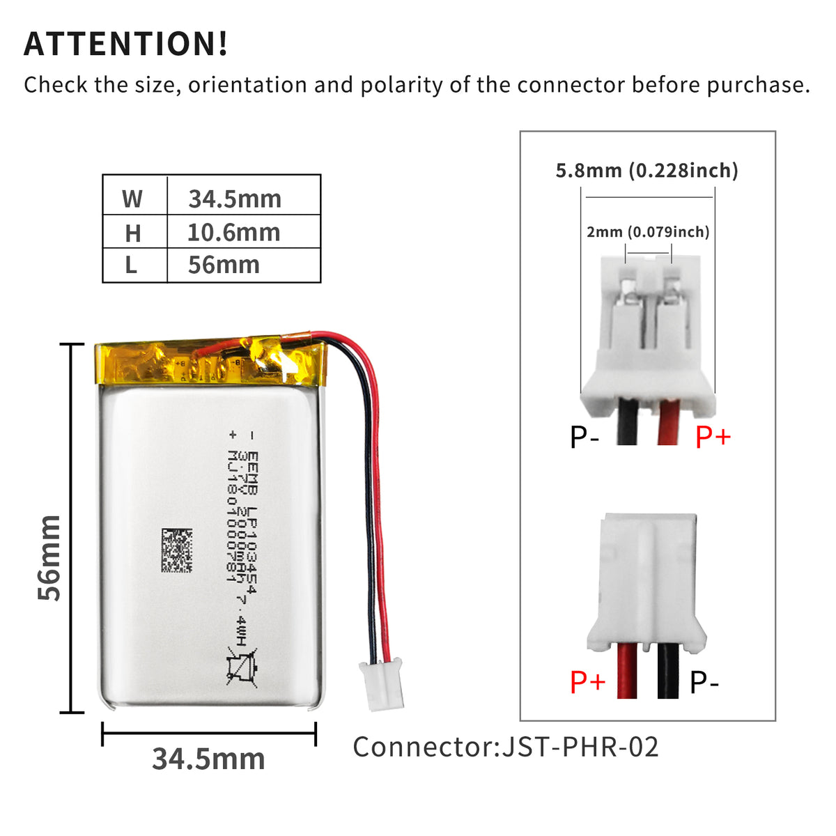 LP103454RP -- 3.7V  2000  mAh (Reversed Polarity)