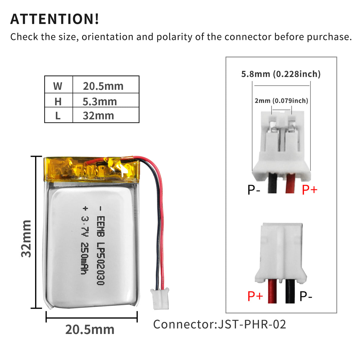 LP502030 -- 3.7V 250 mAh (Reversed Polarity)