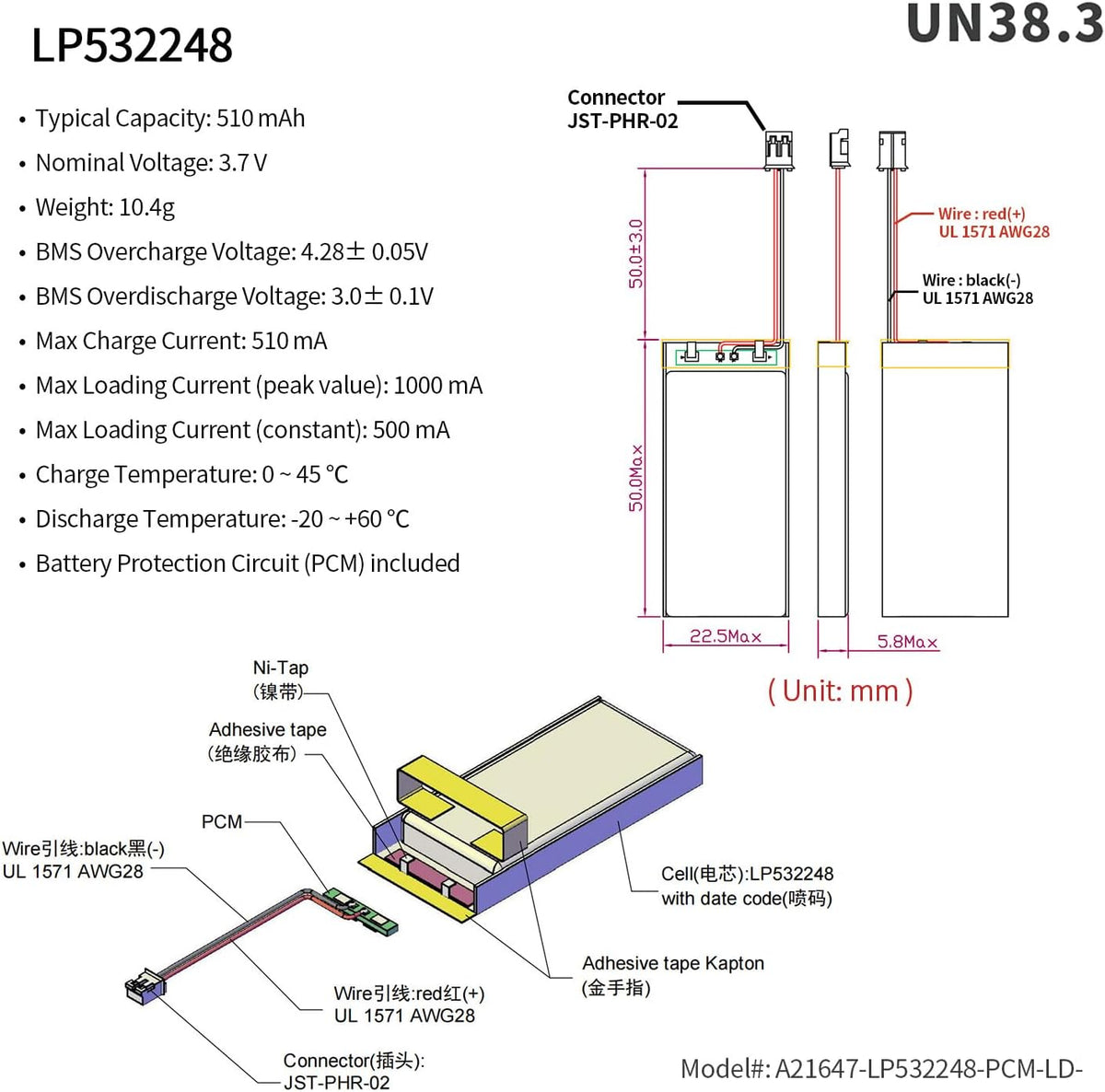 LP532248 -- 3.7V 510mAh
