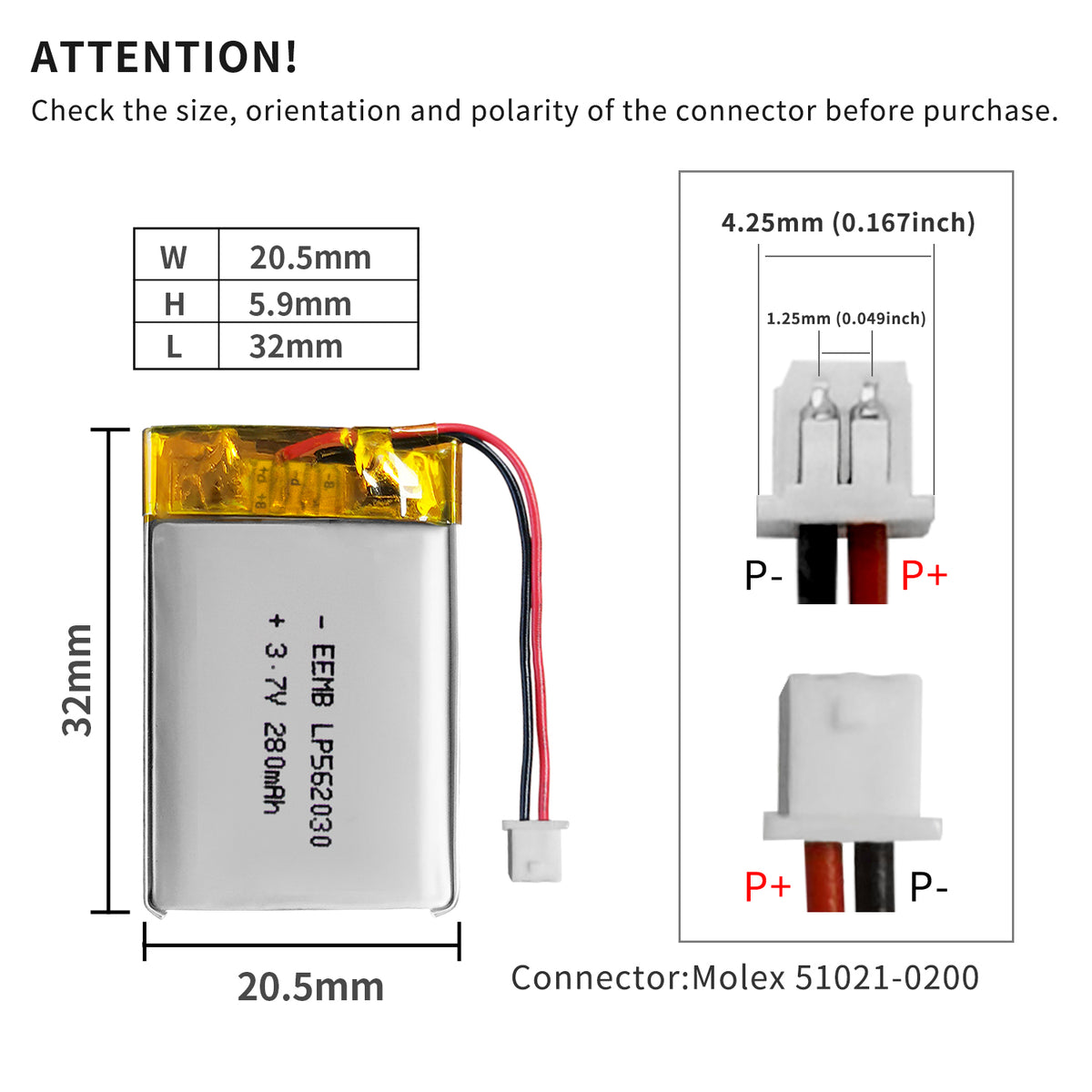 LP562030 -- 3.7V  280mAh