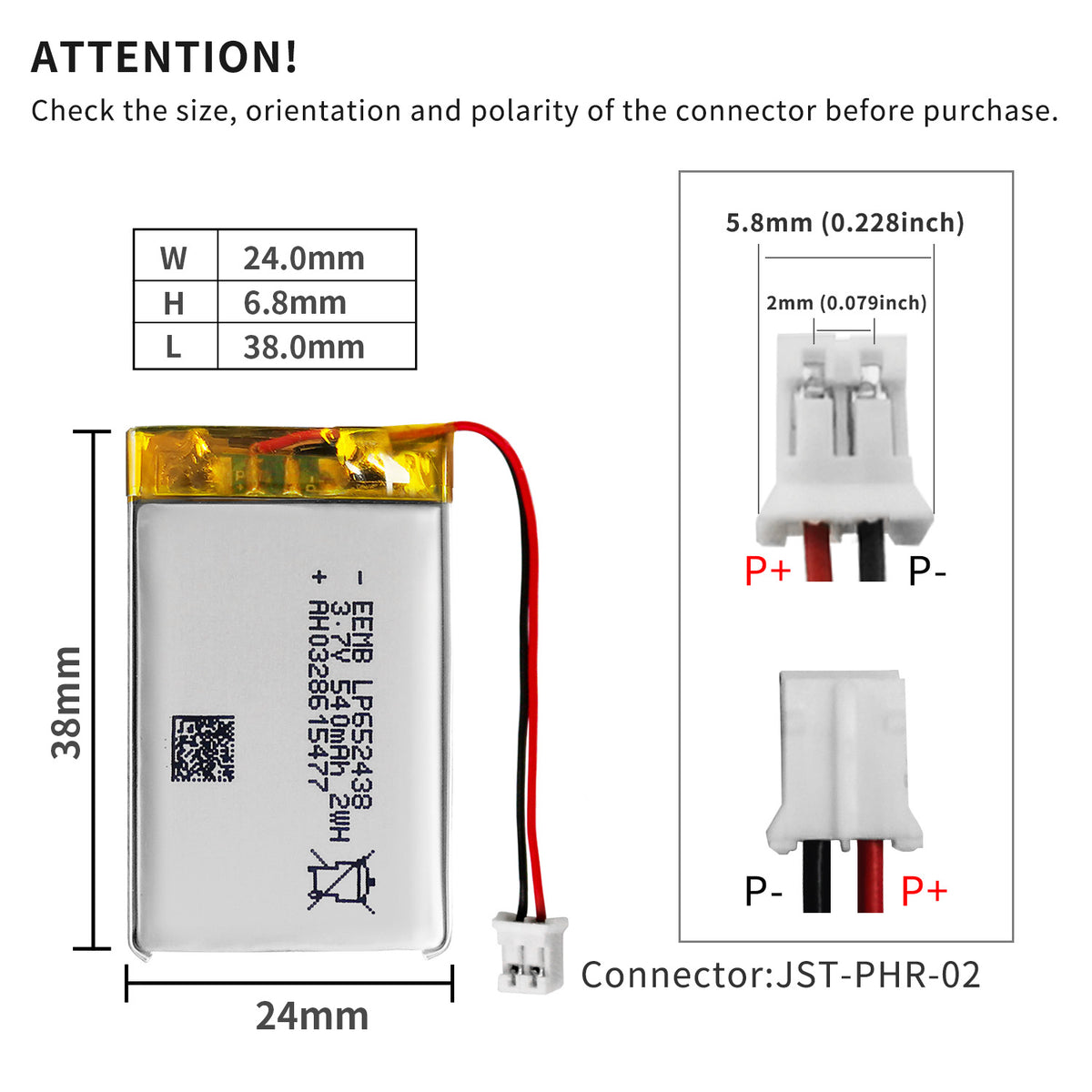 LP652438 -- 3.7V 540mAh