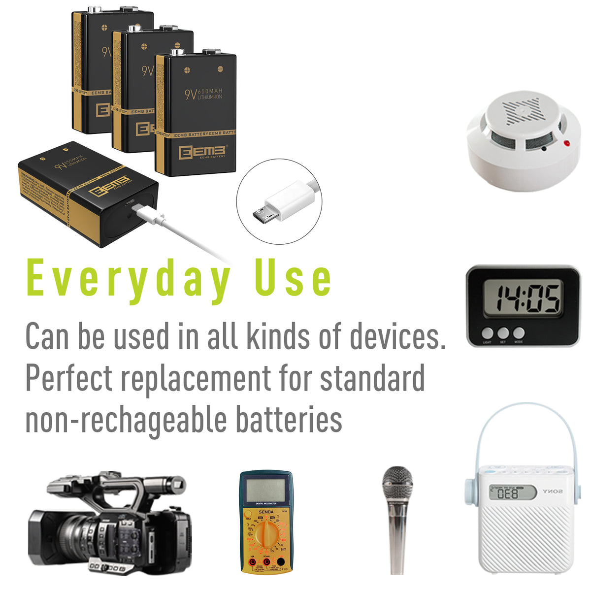 9V Li-ion Battery W/USB Charger (4 Pack)