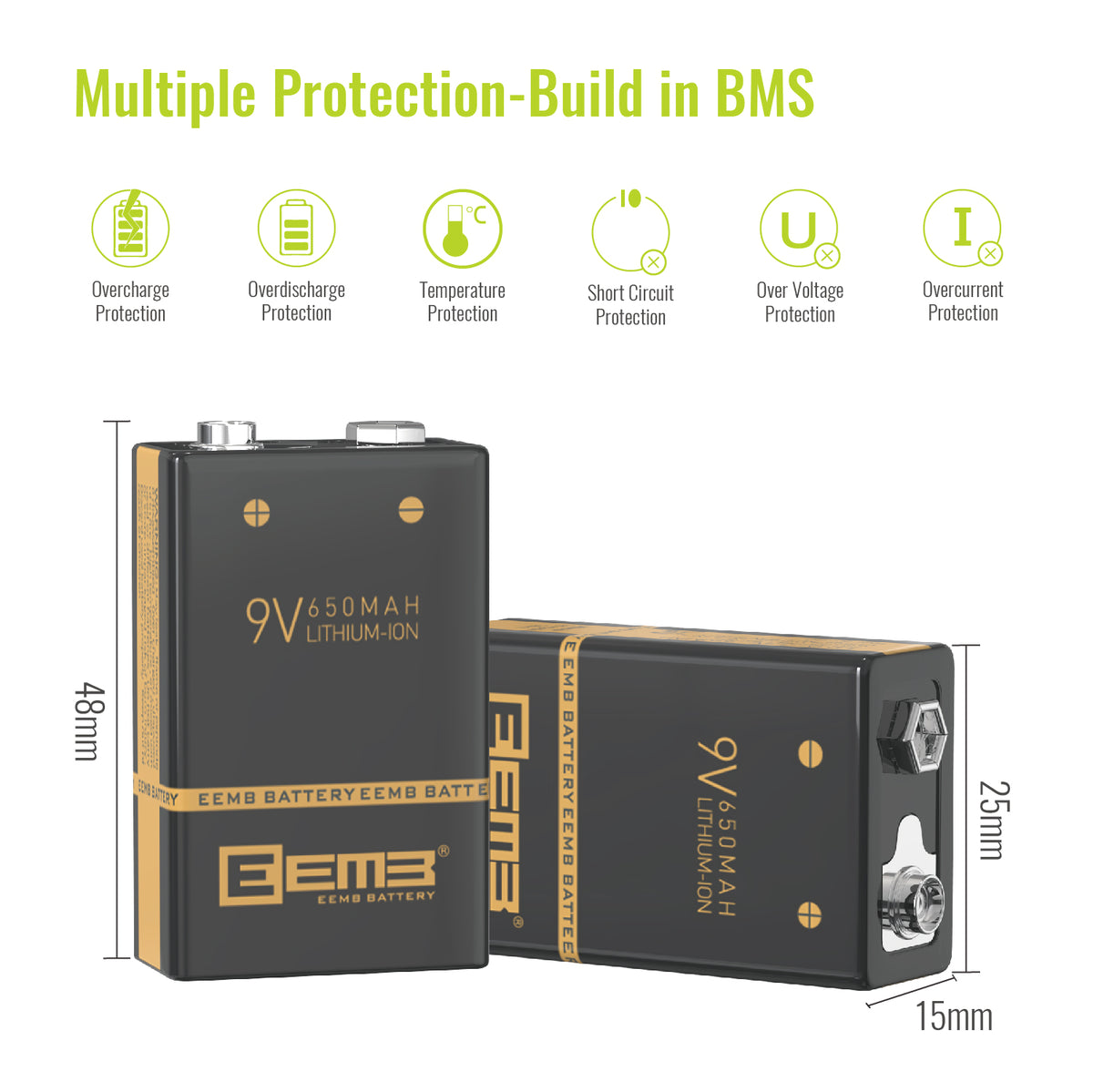 9V Li-ion Battery W/USB Charger (4 Pack)