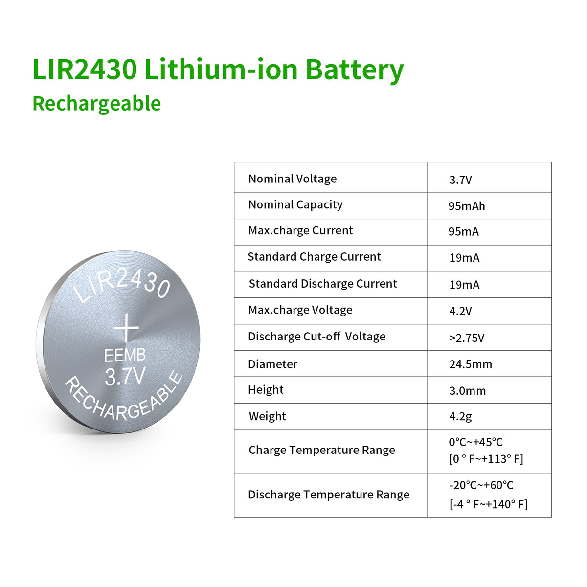 LIR2430 --  3.7V 95mAh