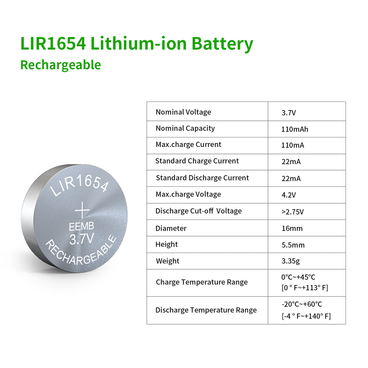 LIR1654 --  3.7V 110mAh