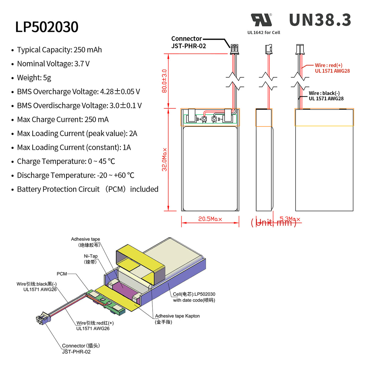 LP502030 -- 3.7V  250  mAh