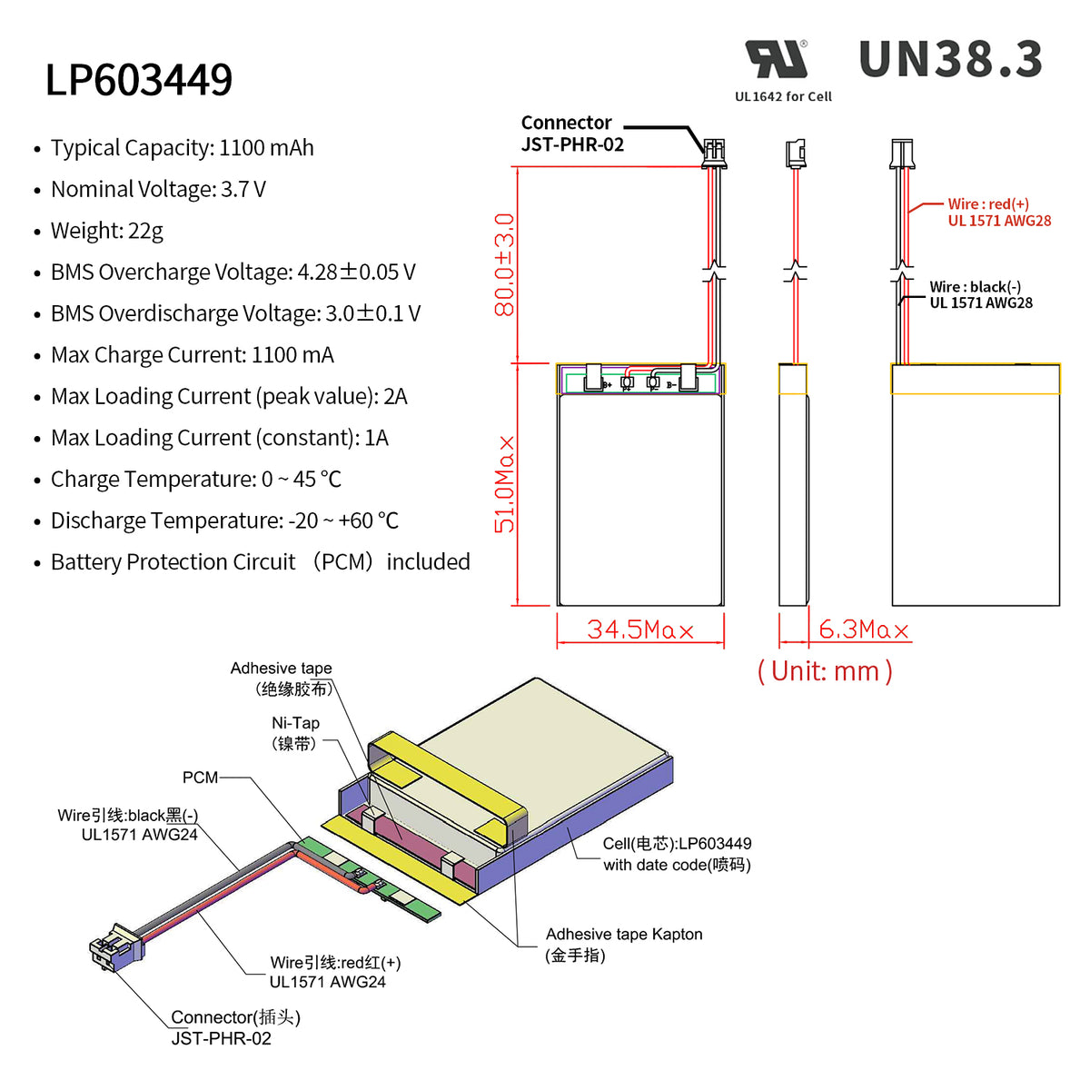 LP603449 -- 3.7V  1100  mAh