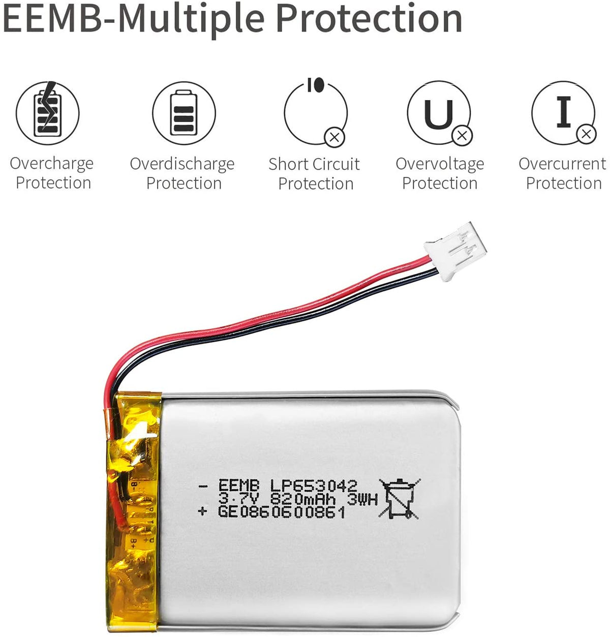 LP653042 -- 3.7V  820  mAh