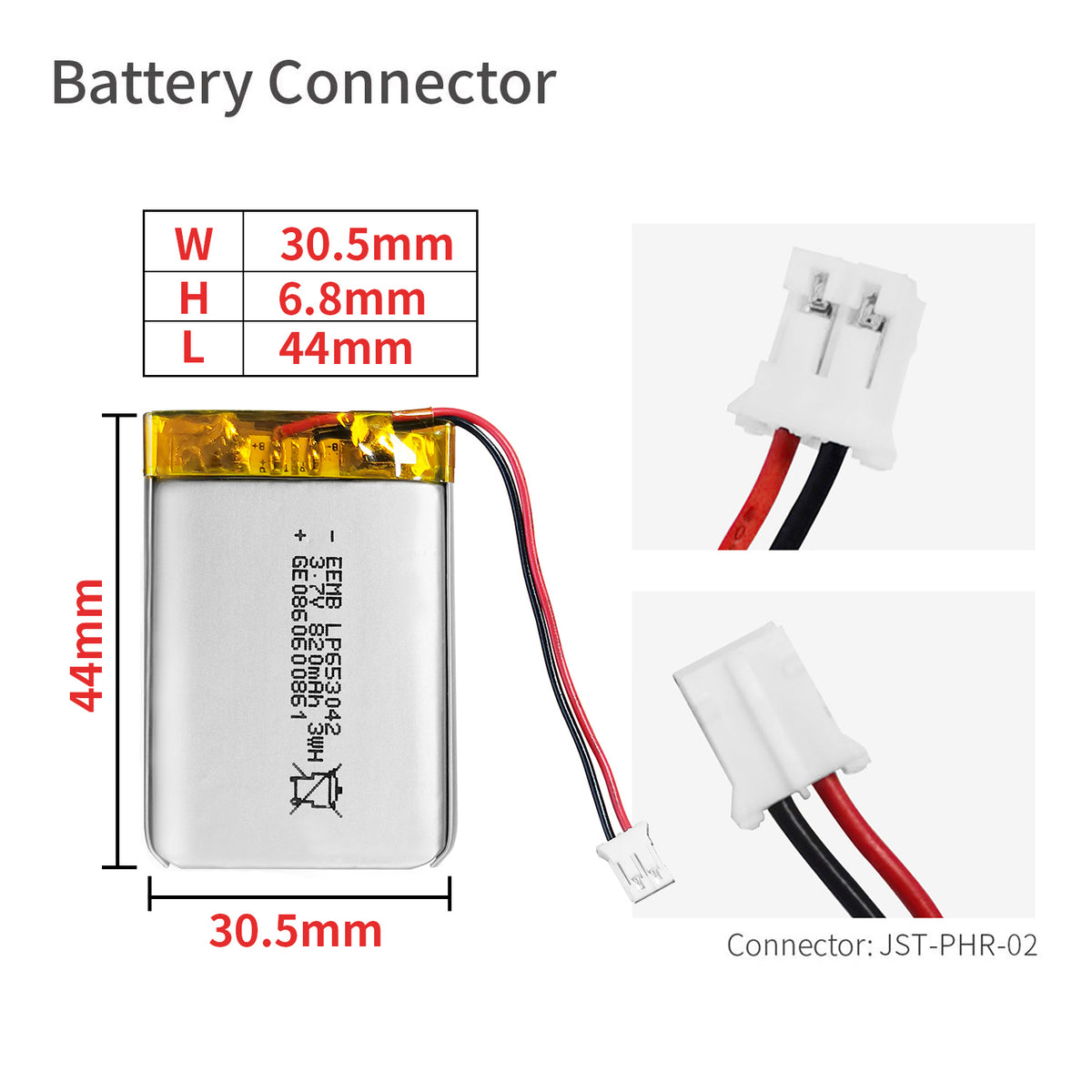 LP653042 -- 3.7V  820  mAh