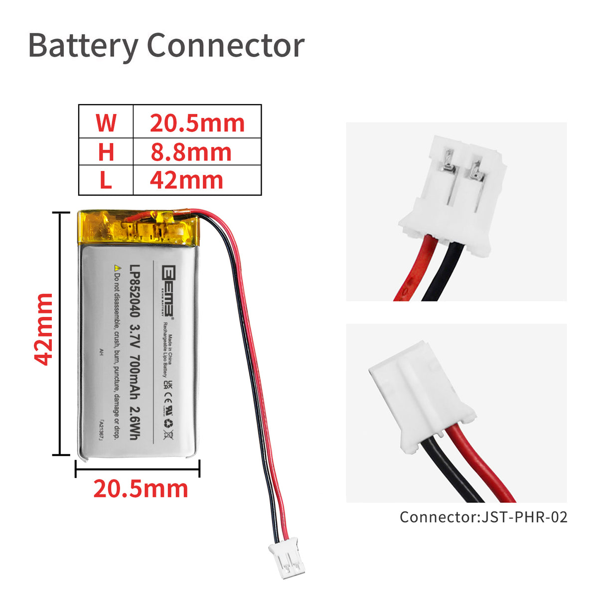 LP852040-- 3.7V  620 mAh