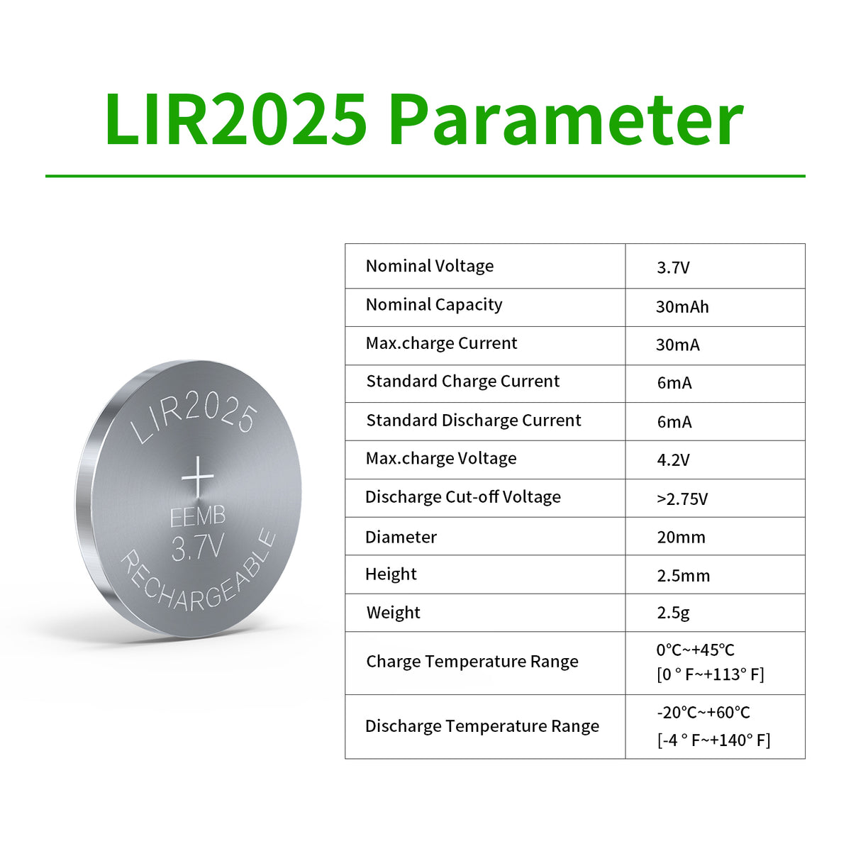 LIR2025 --  3.7V 40mAh Rechargeable