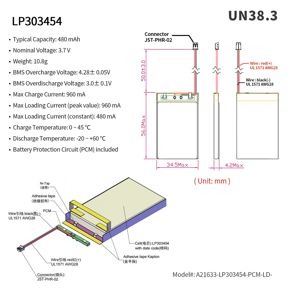LP303454 -- 3.7V 480mAh