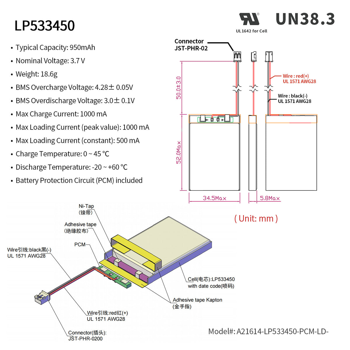 LP533450 -- 3.7V 950mAh