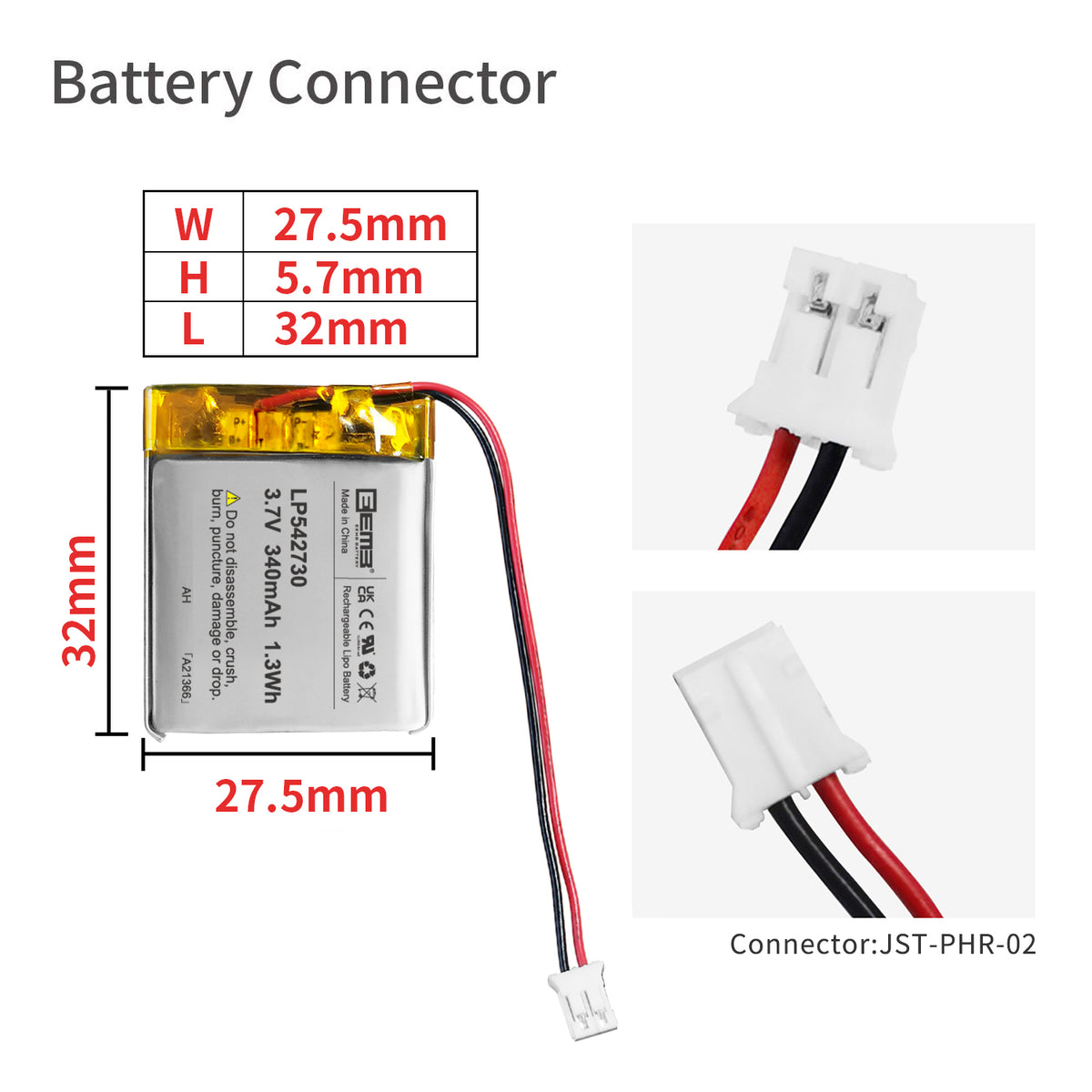 LP542730 -- 3.7V  340 mAh