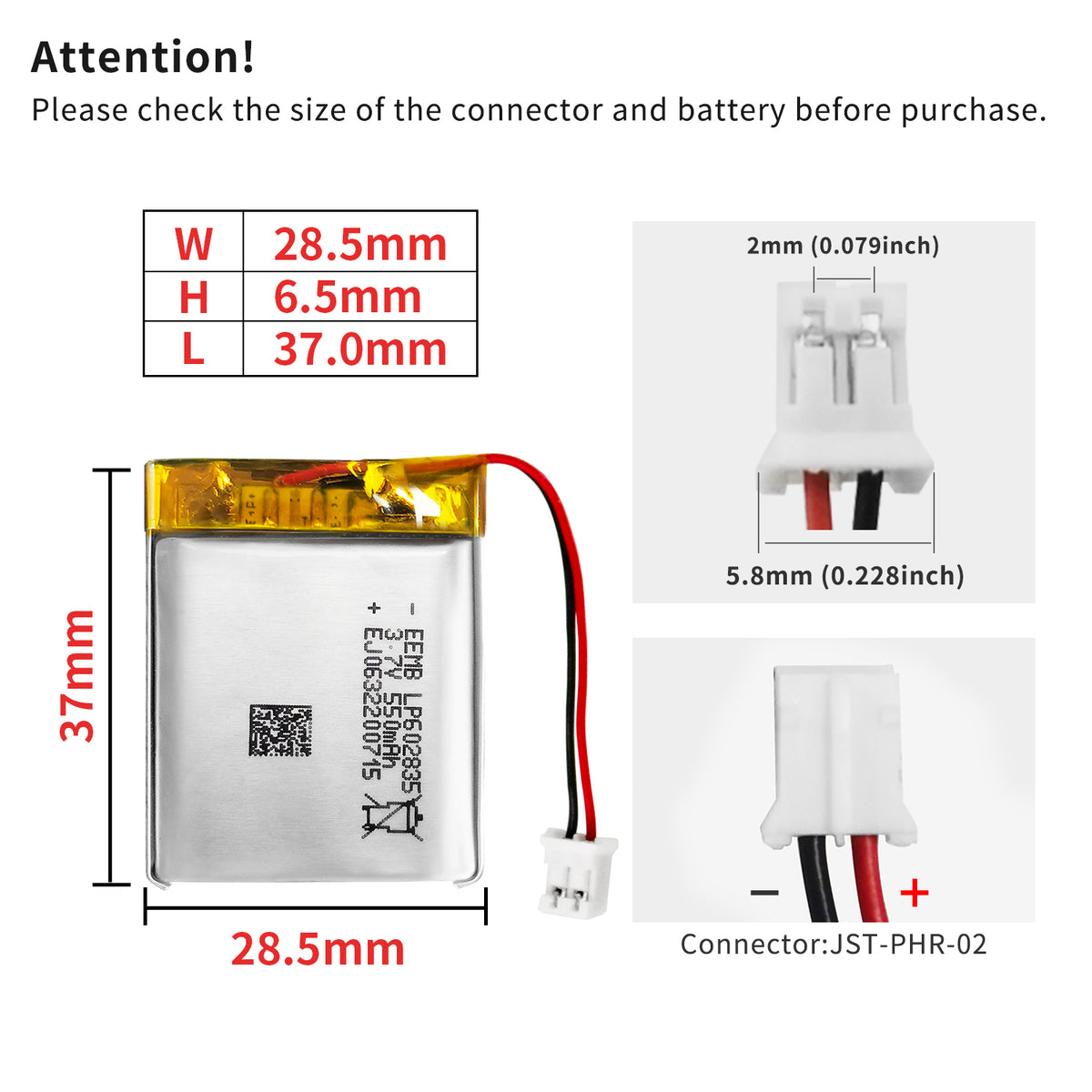LP602835 -- 3.7V 550mAh