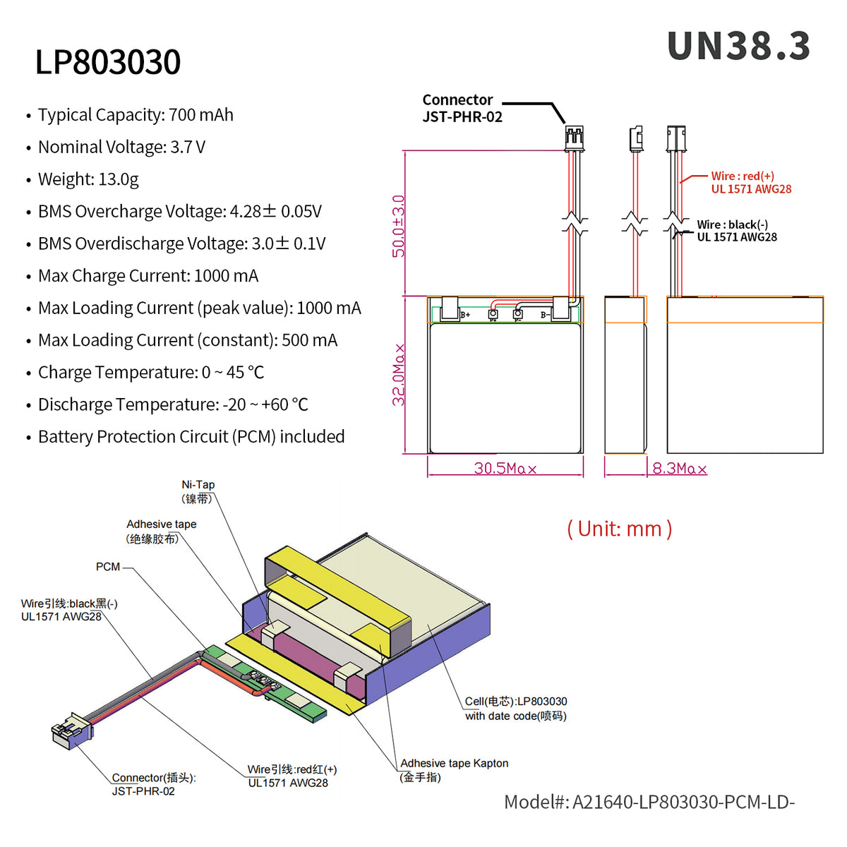LP803030 -- 3.7V 700mAh