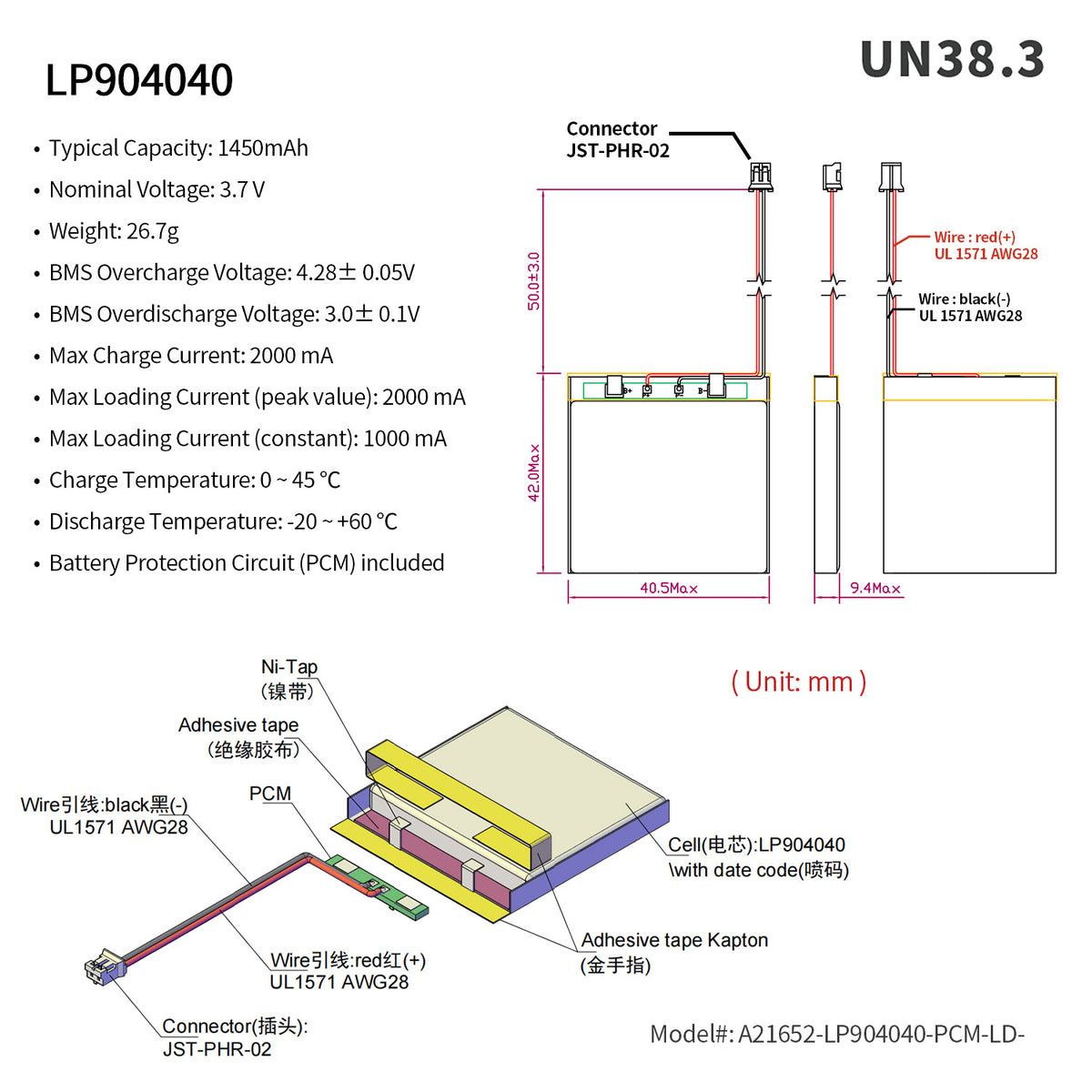 LP904040 -- 3.7V 1450mAh