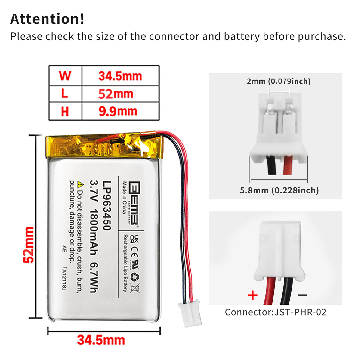 LP963450 -- 3.7V  1800  mAh