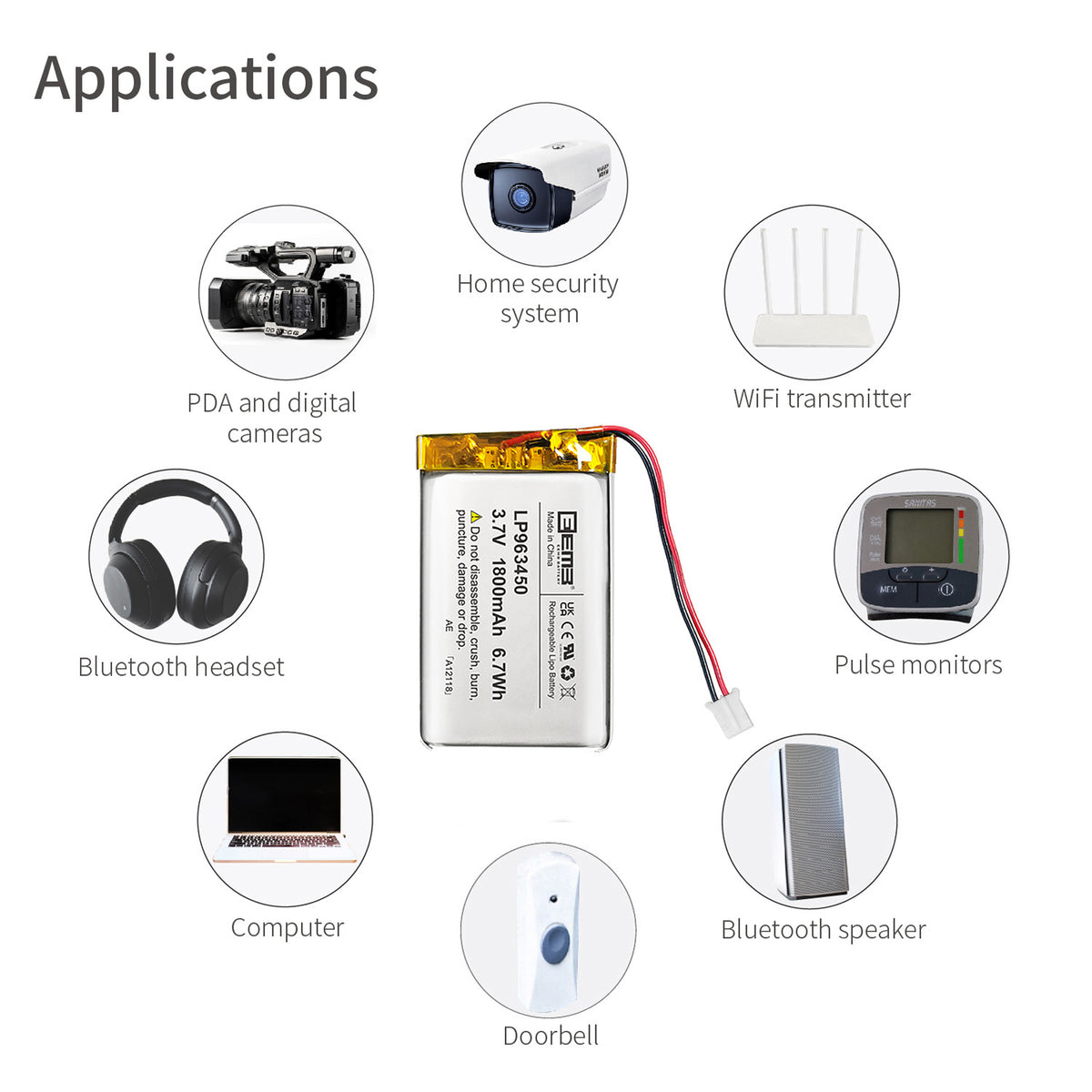 LP963450 -- 3.7V  1800  mAh